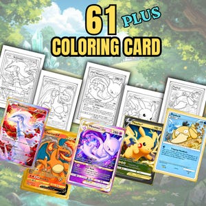 以下が含まれることがあります： Reshiram、Charizard、Mewtwo、Pikachu、Psyduckなどの様々なクリーチャーの白黒線画イラストと、それに対応するフルカラーのトレーディングカードがセットになった61枚以上の塗り絵カードコレクション。