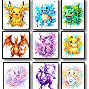 May include: A set of nine square wall art prints featuring watercolor illustrations of various creatures. The collection includes Pikachu, Squirtle, Bulbasaur, Charizard, Espeon, Psyduck, Mew, Mewtwo, and Togepi, each set against a vibrant paint splatter background.