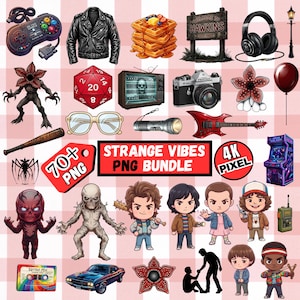 May include: A collection of digital illustrations featuring elements from a popular science fiction series. Includes a black leather jacket, waffles, a vintage camera, a red guitar, and characters. The text "STRANGE VIBES PNG BUNDLE" is also present.
