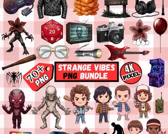 Strange Vibes PNG Bundle | Hawkins Digital Paper Clipart | Retro 80s Horror Sublimation Designs | 31 PNG Sticker Pack