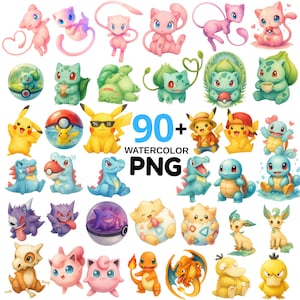 May include: Watercolor PNG digital art featuring various colorful cartoon characters. The image includes characters like Pikachu, Bulbasaur, and Squirtle, with the text "90+ WATERCOLOR PNG". The art style is soft and whimsical.