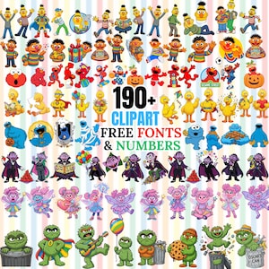 May include: A collection of Sesame Street character illustrations including Bert, Ernie, Elmo, Big Bird, Cookie Monster, Count von Count, Abby Cadabby, and Oscar the Grouch, with the text 190+ CLIPART FREE FONTS & NUMBERS displayed in the center.