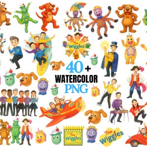 May include: A collection of watercolor illustrations featuring The Wiggles characters, including people, animals, and mythical creatures, alongside a red airplane, a red car, and text reading 40+ WATERCOLOR PNG and The Wiggles.