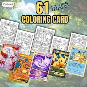 Pode incluir: Uma coleção de mais de 61 cartões para colorir com ilustrações de linhas em preto e branco de várias criaturas, juntamente com vários cartões colecionáveis coloridos representando personagens como Charizard, Mewtwo, Pikachu e Psyduck.