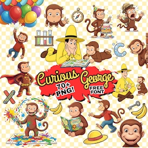 Może przedstawiać: Kolekcja ilustracji Curious George. Obrazy przedstawiają George'a z balonami, kompasem, tortem urodzinowym i czytającego książkę. Tekst "Curious George" jest wyświetlany w kolorze żółtym i czerwonym.
