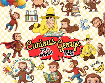 Pacchetto di file SVG e PNG della scimmietta Curious George, file di taglio a strati del personaggio dei cartoni animati per Cricut, clipart PNG trasparente