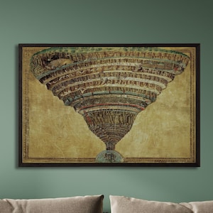 May include: A rectangular wall art print featuring a detailed, sepia-toned illustration of Dante's Inferno, depicting the nine circles of hell in a conical structure. The artwork is enclosed in a thin black frame and mounted on a wall.