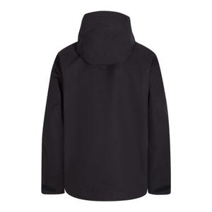 May include: A black hooded jacket with a full-length zipper and long sleeves. The jacket has a high collar and a hood that can be adjusted. The jacket is made of a water-resistant material and is designed for outdoor activities.