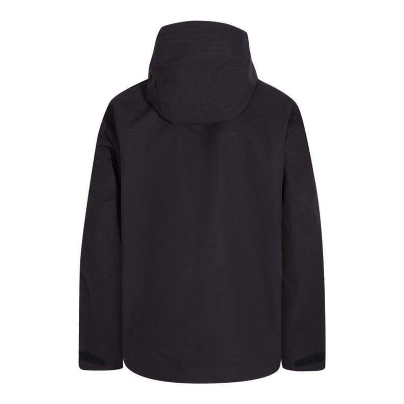 May include: A black hooded jacket with a full-length zipper and long sleeves. The jacket has a high collar and a hood that can be adjusted. The jacket is made of a water-resistant material and is designed for outdoor activities.