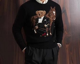 Polo Ralph Lauren Sudadera de Oso de Peluche para Hombre Sudadera Negra de Punto con Oso de Peluche