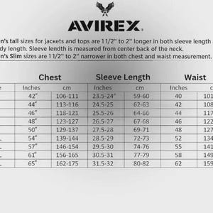 May include: A size chart from AVIREX, listing jacket and top measurements. The chart includes chest, sleeve length, and waist measurements in inches and centimeters, ranging from XS to 5XL. The text also mentions tall and slim sizes.