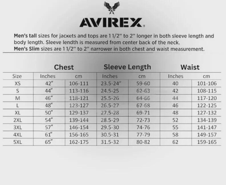 May include: A size chart from AVIREX, listing jacket and top measurements. The chart includes chest, sleeve length, and waist measurements in inches and centimeters, ranging from XS to 5XL. The text also mentions tall and slim sizes.