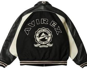 Avirex Palace Leather Sleeve Varsity Black Jacket Genuine Cowhide Vintage Bomber Streetwear Jacket Gift for Him