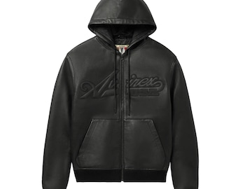 New Men’s Black Avirex Genuine Cowhide Leather Bomber Hoodie Jacket with USA Logo Gift for Unisex