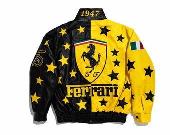 Vintage Ferrari Racing Leather Jacket Men Black Yellow Star Print Biker Jacket, Motorsport Leather Coat, Retro Racing Jacket, gift for biker
