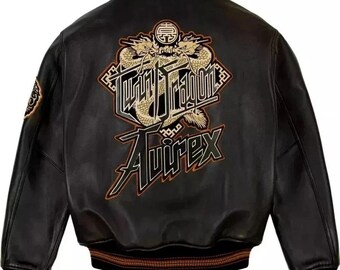 Men’s Black Avirex Twin Dragon Flight Jacket  Premium Genuine Leather Gift for Him