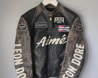 Giacca in pelle vintage Aime Leon Dore Vanson, vera pelle bovina, stile motociclistico, da corsa, biker, streetwear, regalo per lui e per lei