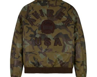 Avirex Camo Leather Bomber Jacket, Genuine Cowhide Icon Jacket, Limited Edition Streetwear Biker Jacket for Men