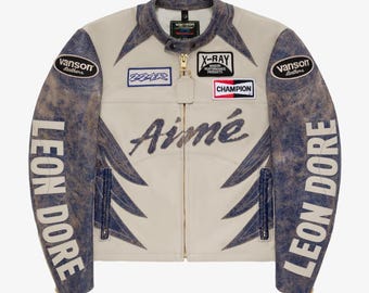 Giacca in pelle Aime Leon Dore x Vanson, giacca da motociclista vintage da corsa, in pelle bovina, regalo per lui
