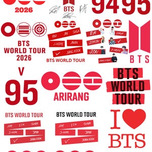 May include: A collection of red and white BTS themed stickers featuring the text BTS IS BACK 2026, BTS WORLD TOUR, ARIRANG, and I LOVE BTS. The sheet includes member names RM, JIMIN, V, JIN, SUGA, J-HOPE, JUNG KOOK, various signatures, logos, and small portraits.