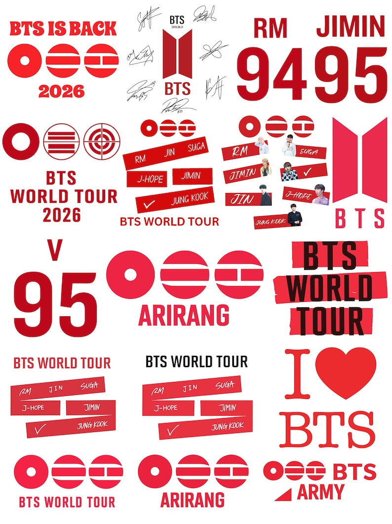 May include: A collection of red and white BTS themed stickers featuring the text BTS IS BACK 2026, BTS WORLD TOUR, ARIRANG, and I LOVE BTS. The sheet includes member names RM, JIMIN, V, JIN, SUGA, J-HOPE, JUNG KOOK, various signatures, logos, and small portraits.