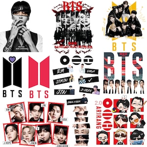 May include: A collection of BTS-themed graphic stickers featuring individual portraits of members, the BTS logo in black and pink, stylized text, and cartoon illustrations of the group members in various poses and outfits on a white background.