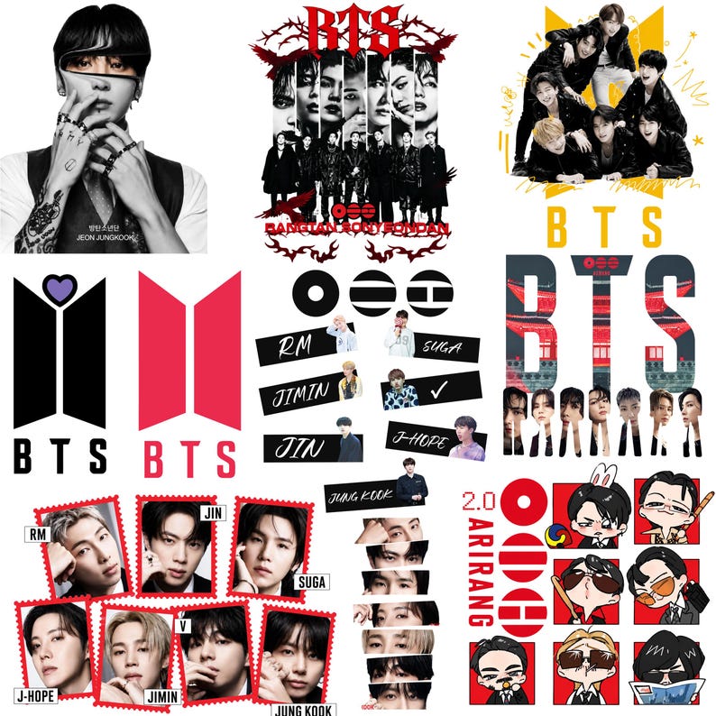 May include: A collection of BTS-themed graphic stickers featuring individual portraits of members, the BTS logo in black and pink, stylized text, and cartoon illustrations of the group members in various poses and outfits on a white background.