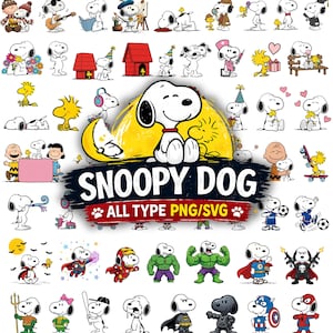 May include: A collection of Snoopy dog illustrations featuring various poses, costumes, and activities. The central graphic displays the text SNOOPY DOG ALL TYPE PNG/SVG with a large Snoopy character sitting in front of a yellow circular background.