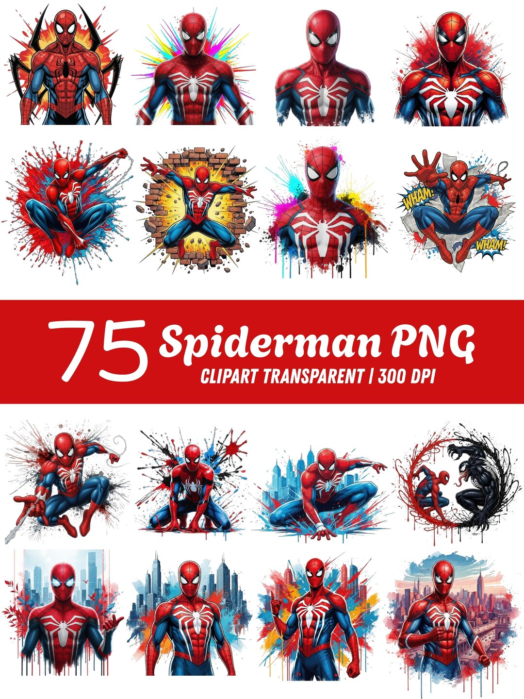 Spiderman PNG Clipart Bundle, 75 PNG Files, Superhero PNG Bundle, Transparent Background, 