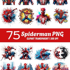 May include: A collection of 75 digital Spider-Man PNG clipart files featuring the character in various action poses, with vibrant red and blue suits, colorful paint splatters, comic book style sound effects, and urban city backgrounds.