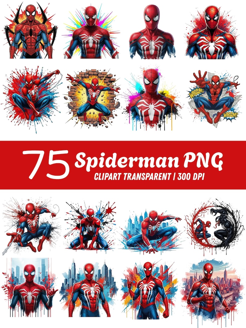 May include: A collection of 75 digital Spider-Man PNG clipart files featuring the character in various action poses, with vibrant red and blue suits, colorful paint splatters, comic book style sound effects, and urban city backgrounds.