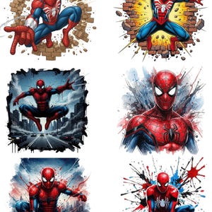 May include: A collection of six digital illustrations featuring the superhero Spider-Man in various dynamic poses, including crouching, leaping through a brick wall, and standing, all rendered in a vibrant red and blue color palette.