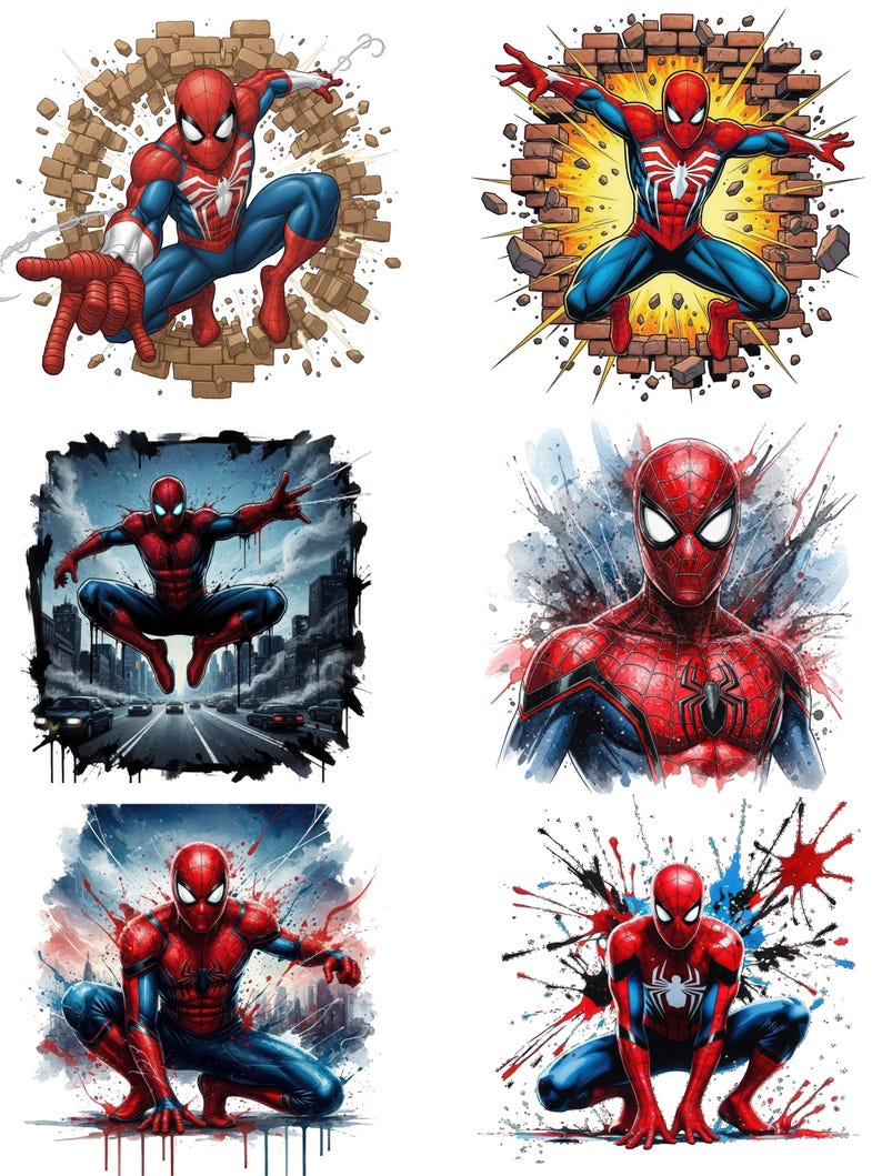 May include: A collection of six digital illustrations featuring the superhero Spider-Man in various dynamic poses, including crouching, leaping through a brick wall, and standing, all rendered in a vibrant red and blue color palette.