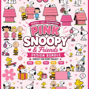 Może przedstawiać: Cyfrowy pakiet projektowy przedstawiający Snoopy'ego i przyjaciół w różnych pozach, w tym Snoopy'ego na budzie, Woodstocka, Charliego Browna i Lucy. Centralny tekst brzmi PINK SNOOPY & Friends DESIGN BUNDLE, w otoczeniu różowych kwiatów, serc i gwiazdek.