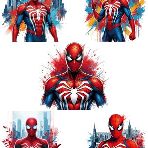 May include: A collection of five digital illustrations featuring the superhero Spider-Man in a red and blue suit with a prominent white spider emblem on the chest. Each image displays the character in various poses against city skylines and colorful paint splatters.
