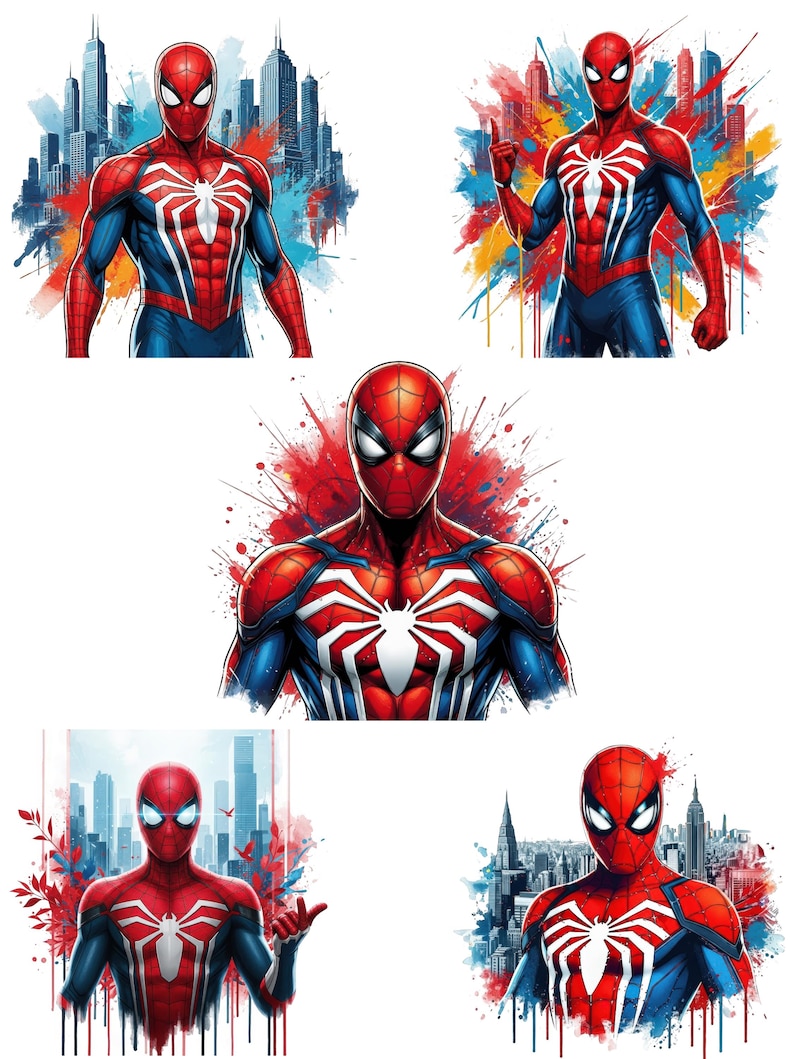 May include: A collection of five digital illustrations featuring the superhero Spider-Man in a red and blue suit with a prominent white spider emblem on the chest. Each image displays the character in various poses against city skylines and colorful paint splatters.