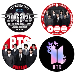 May include: Four circular pin-back buttons featuring BTS imagery. One shows the text BTS WORLD TOUR 2026 with member names. Another displays seven members in suits with names around the border. A third shows the group with the text BTS ARIRANG. The last features the BTS logo with purple butterflies.