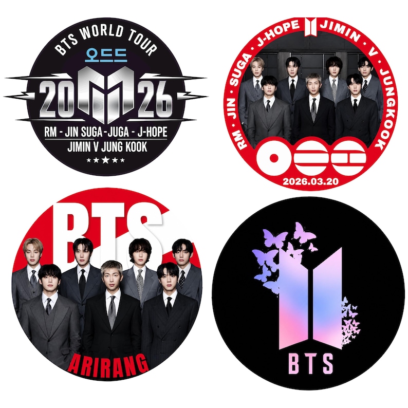 May include: Four circular pin-back buttons featuring BTS imagery. One shows the text BTS WORLD TOUR 2026 with member names. Another displays seven members in suits with names around the border. A third shows the group with the text BTS ARIRANG. The last features the BTS logo with purple butterflies.