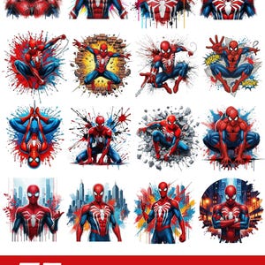May include: A collection of digital illustrations featuring the superhero Spider-Man in various action poses, including crouching, leaping, and standing, with vibrant red and blue suits, watercolor paint splatters, and city backgrounds, labeled 75 SPIDERMAN PNG.
