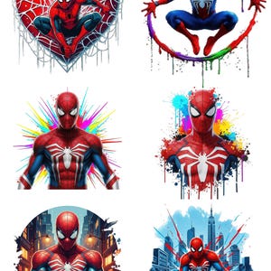 May include: A collection of six digital illustrations featuring the superhero Spider-Man in various poses. The character wears a red and blue suit with a prominent white spider emblem on the chest. Designs include heart-shaped webs, colorful paint splatters, and urban cityscapes.