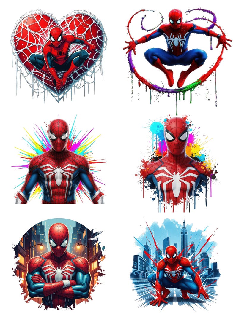 May include: A collection of six digital illustrations featuring the superhero Spider-Man in various poses. The character wears a red and blue suit with a prominent white spider emblem on the chest. Designs include heart-shaped webs, colorful paint splatters, and urban cityscapes.