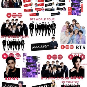 May include: A collection of BTS World Tour stickers featuring group photos, individual member portraits, and text labels including names like RM, Suga, Jimin, Jin, J-Hope, and Jung Kook, alongside the BTS logo and various tour-themed graphic elements.