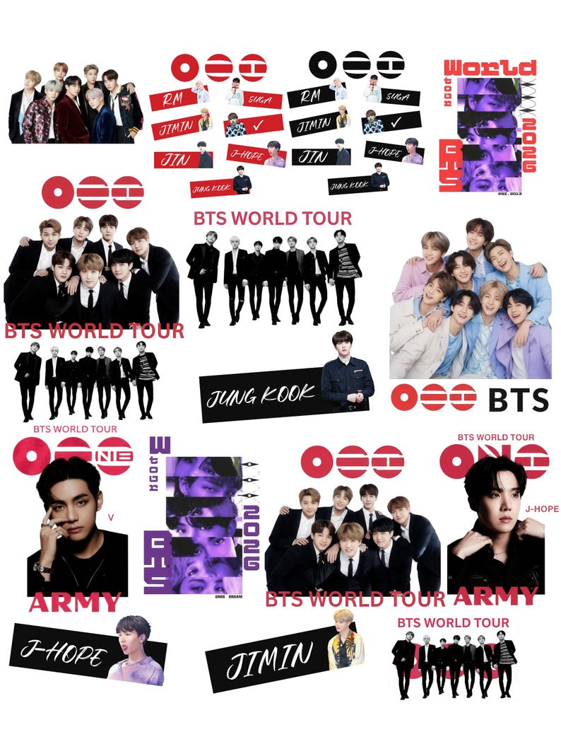May include: A collection of BTS World Tour stickers featuring group photos, individual member portraits, and text labels including names like RM, Suga, Jimin, Jin, J-Hope, and Jung Kook, alongside the BTS logo and various tour-themed graphic elements.