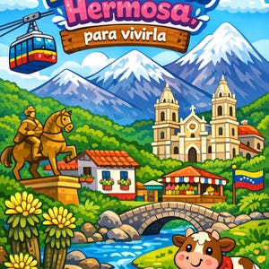 May include: Colorful cartoon illustration of a mountain landscape with the text "Mérida Hermosa, para vivirla". Features a cable car, mountains, a church, a bridge, a cow, and a flag.