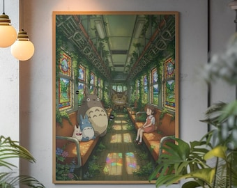Póster de Mi Vecino Totoro / Arte de pared de Studio Ghibli / Lámina de escena de tren de anime / Decoración de habitación de Totoro / Regalo de anime japonés