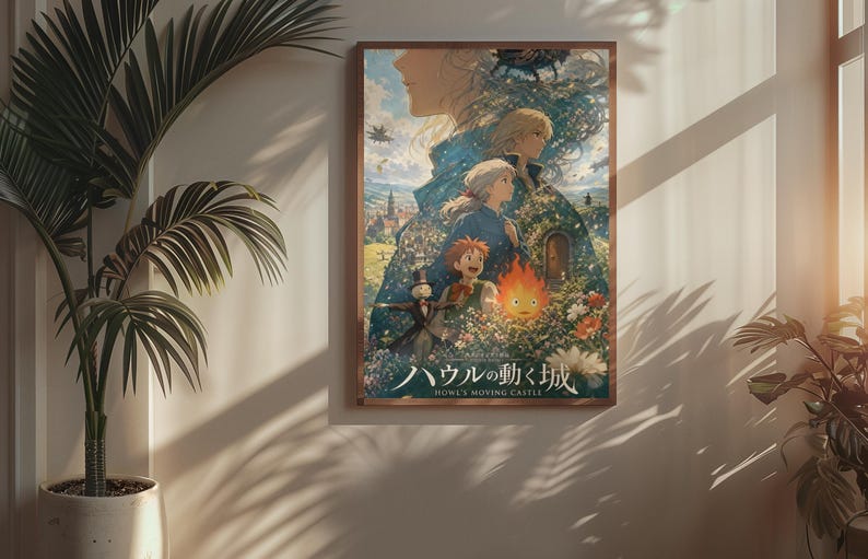 May include: A rectangular wall poster featuring a detailed illustration of characters from Howl's Moving Castle, including a fire spirit, a scarecrow, and human figures, with the Japanese text ハウルの動く城 and English text Howl's Moving Castle.