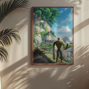 Puede incluir: Una impresi&oacute;n art&iacute;stica enmarcada representa un paisaje fant&aacute;stico con una figura de robot imponente. La obra de arte presenta una paleta de colores vibrantes, mostrando un exuberante acantilado verde, un cielo azul brillante y una serena masa de agua. La impresi&oacute;n se exhibe en una pared junto a una planta en maceta.