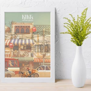 Kikis leveransservice-affisch | Studio Ghibli stadsbild väggkonst | Animefilmtryck | Mysig vintage estetisk dekoration | Nyckfullt rumskonstverk bild 4