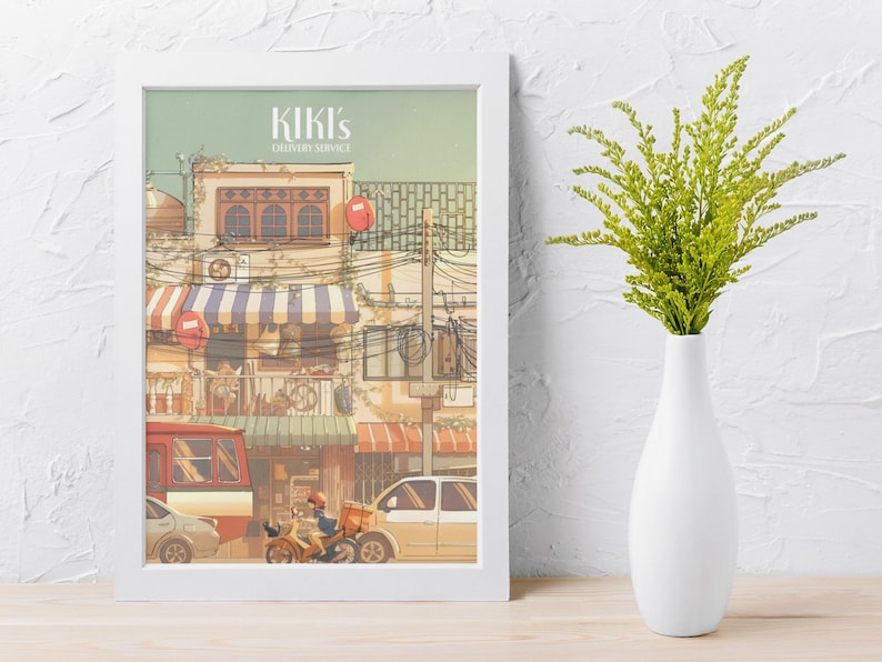 Kikis leveransservice-affisch | Studio Ghibli stadsbild väggkonst | Animefilmtryck | Mysig vintage estetisk dekoration | Nyckfullt rumskonstverk bild 4