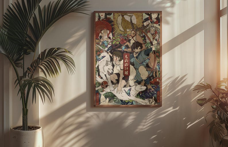 May include: A rectangular wall art print in a brown frame featuring a detailed anime-style illustration with multiple characters, including a person with a bow and a large white wolf, with Japanese text reading もののけ姫 vertically in a red box.